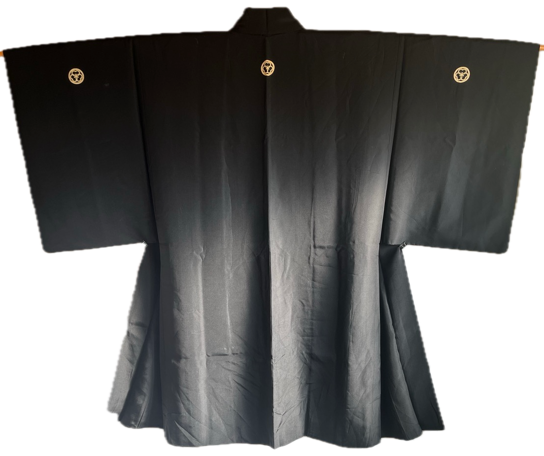 Antique Japanese Men’s Haori - Black Silk Katabami Montsuki with Horyuji Temple