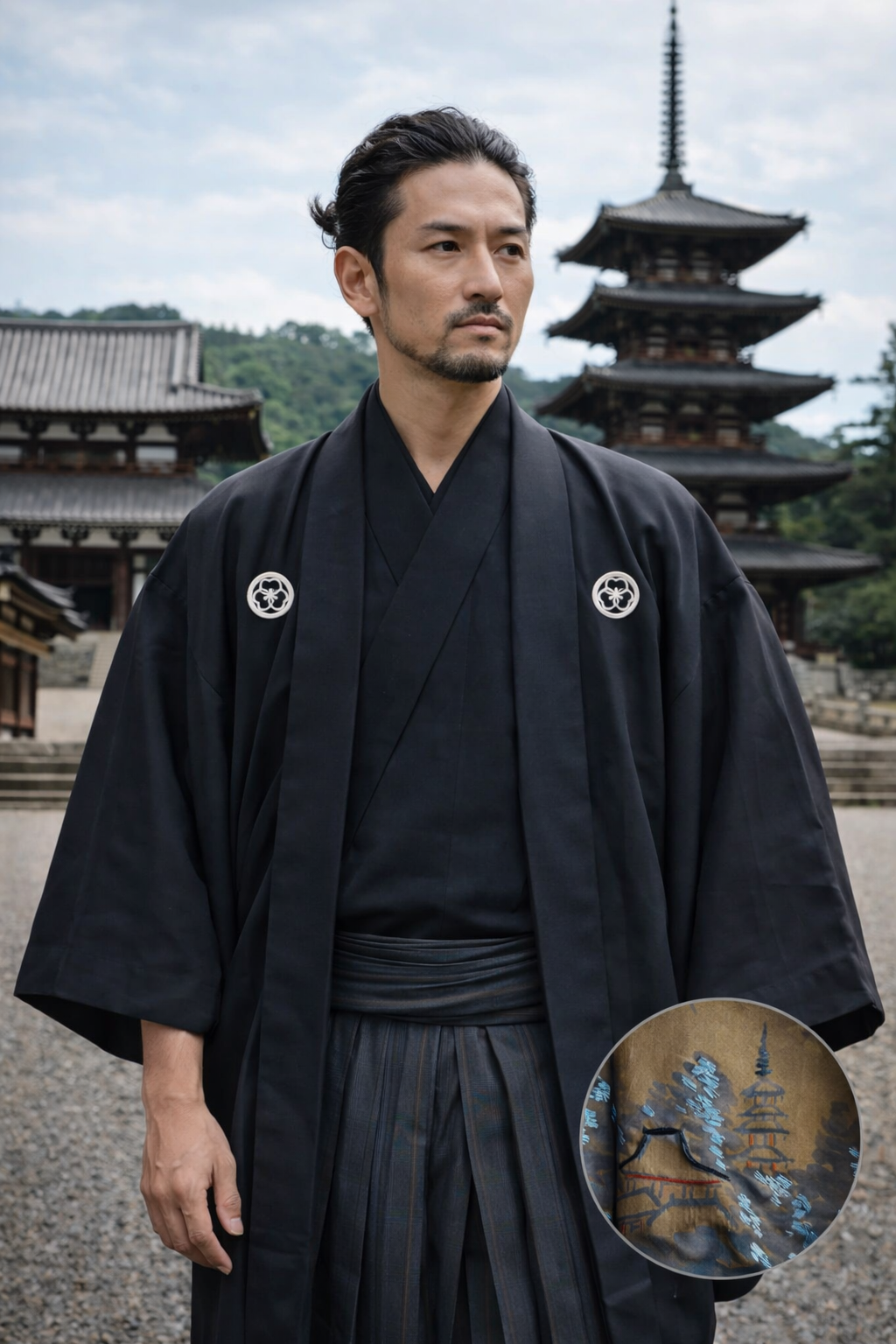 Antique Japanese Men’s Haori - Black Silk Katabami Montsuki with Horyuji Temple