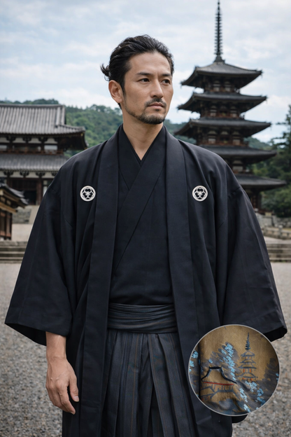 Antique Japanese Men’s Haori - Black Silk Katabami Montsuki with Horyuji Temple