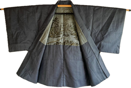 Japanese Men's Haori Blue Silk with Mount Fuji and River View