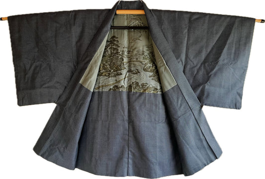 Japanese Men's Haori Blue Silk with Mount Fuji and River View