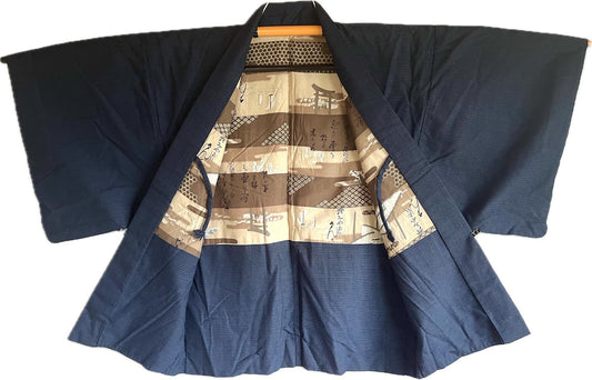 Japanese Men's Haori Blue Tsumugi Silk “Torii Monogatari”