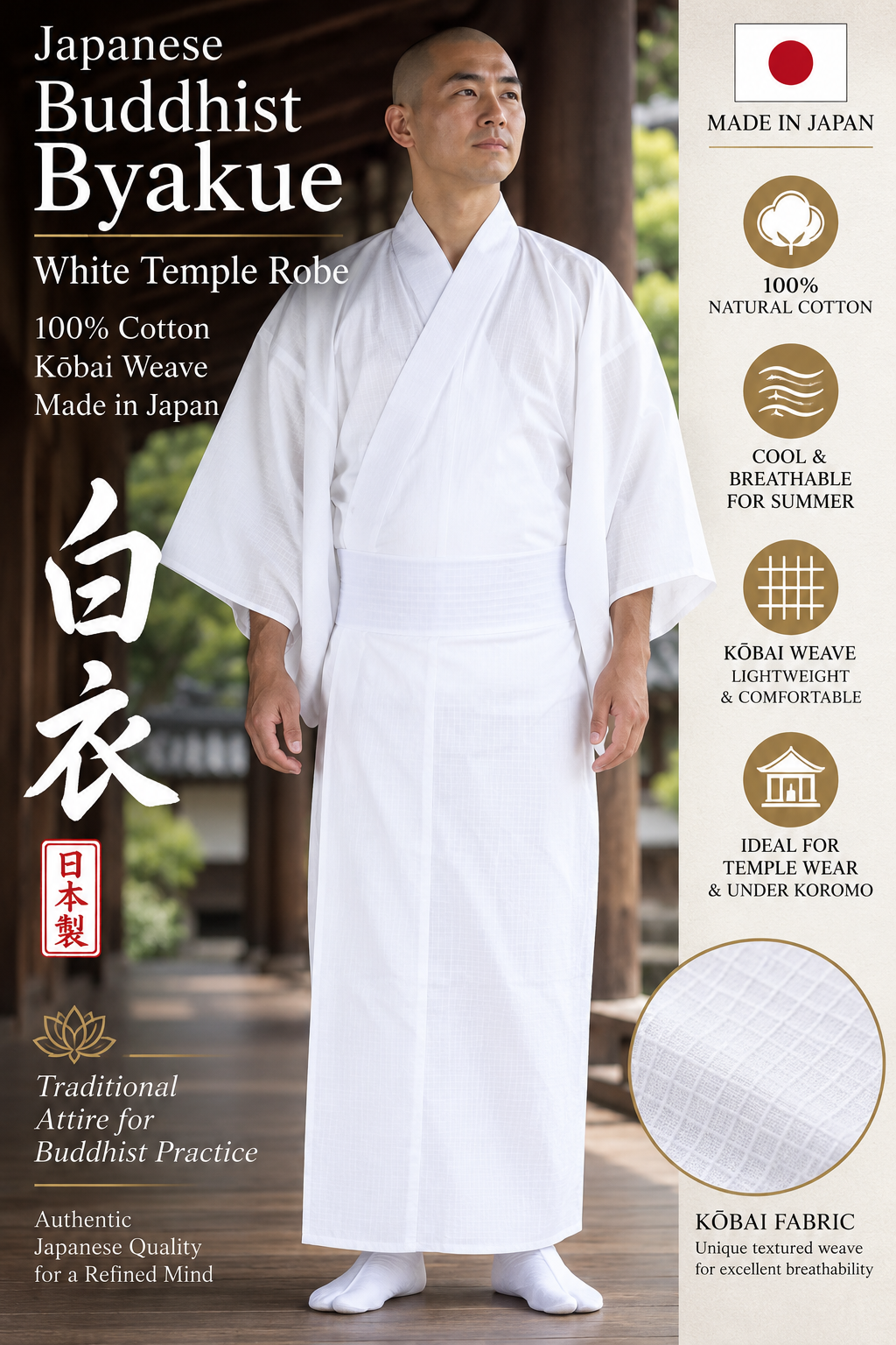 Japanese Buddhist Byakue White Temple Robe – 100% Cotton Kōbai – Made in Japan