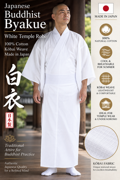 Japanese Buddhist Byakue White Temple Robe – 100% Cotton Kōbai – Made in Japan