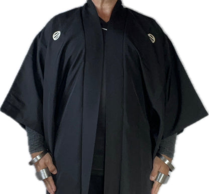 Japanese Men's Formal Haori Black Silk Futatsu Hiki MonTsuki Japan Paris Art Style