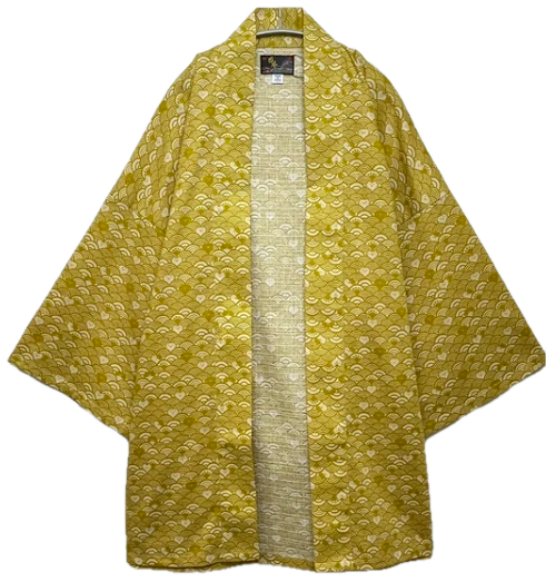 Japanese Wave Cat Hanten – Mustard Yellow & Red Cotton Nami Neko Jacket Made in Japan