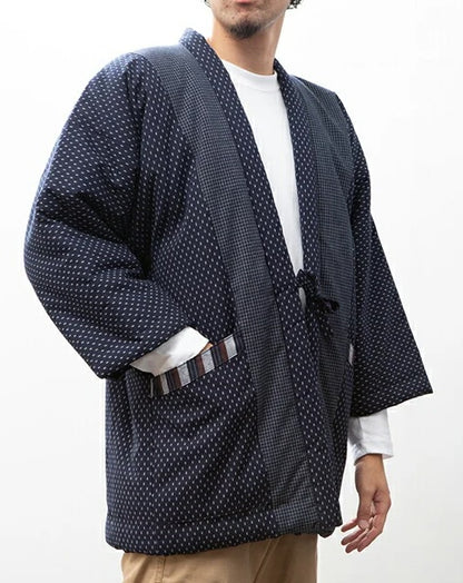 Japanese Winter Hanten Jacket Navy Dobby Weave “Araregara” Pattern - Made in Japan