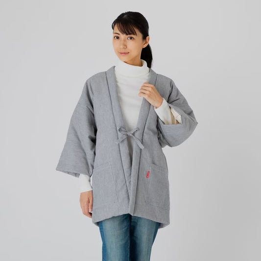 Japanese Women’s Hanten Jacket Navy Hickory Stripes Quilted Winter Coat Made in Japan