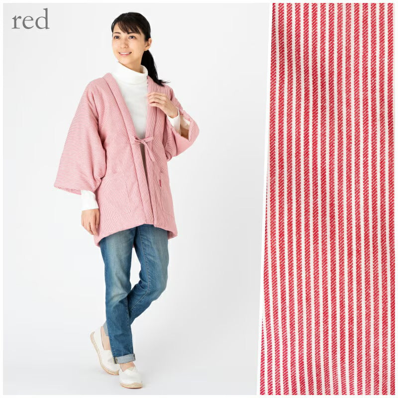 Japanese Women’s Hanten Jacket Red Hickory Stripes Quilted Winter Coat Made in Japan
