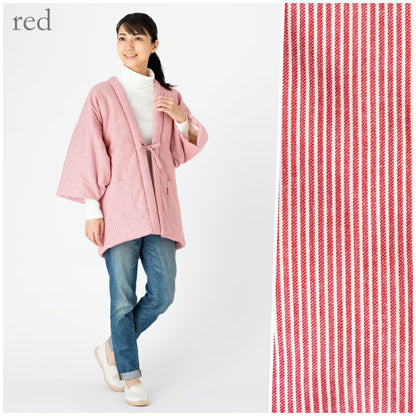 Japanese Women’s Hanten Jacket Red Hickory Stripes Quilted Winter Coat Made in Japan