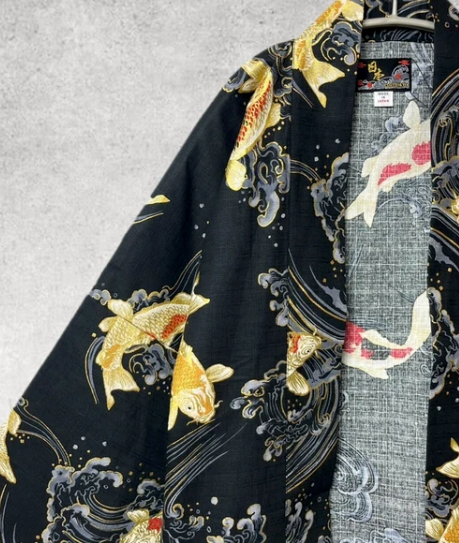 Japanese Koi Summer Hanten with Gold Accents – Made in Japan