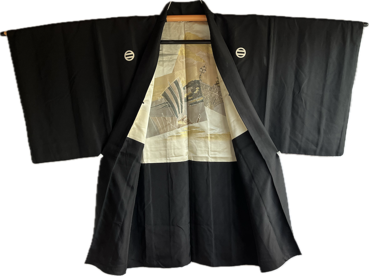 Japanese Men's Formal Haori Black Silk Futatsu Hiki MonTsuki Japan Paris Art Style