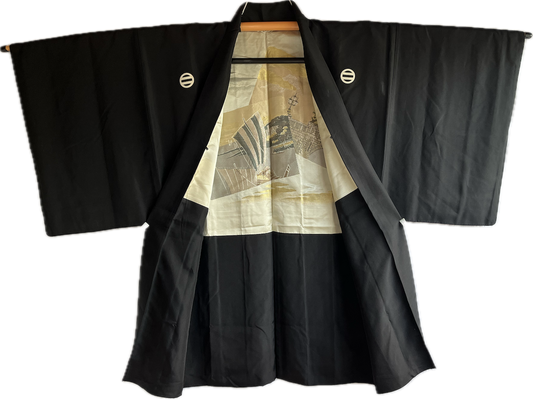 Japanese Men's Formal Haori Black Silk Futatsu Hiki MonTsuki Japan Paris Art Style