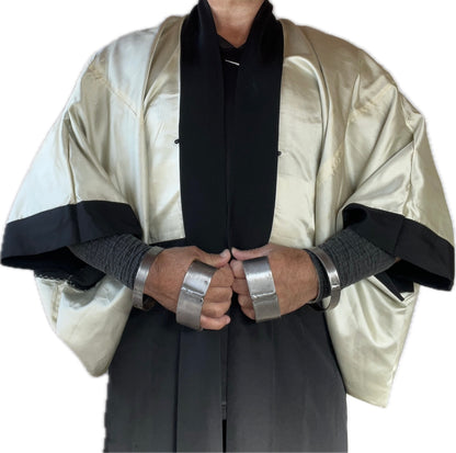 Japanese Men's Formal Haori Black Silk Futatsu Hiki MonTsuki Japan Paris Art Style