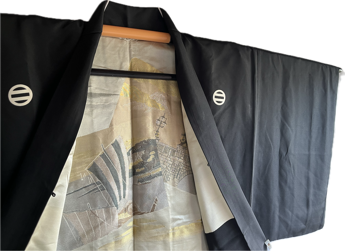 Japanese Men's Formal Haori Black Silk Futatsu Hiki MonTsuki Japan Paris Art Style