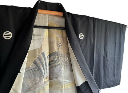 Japanese Men's Formal Haori Black Silk Futatsu Hiki MonTsuki Japan Paris Art Style
