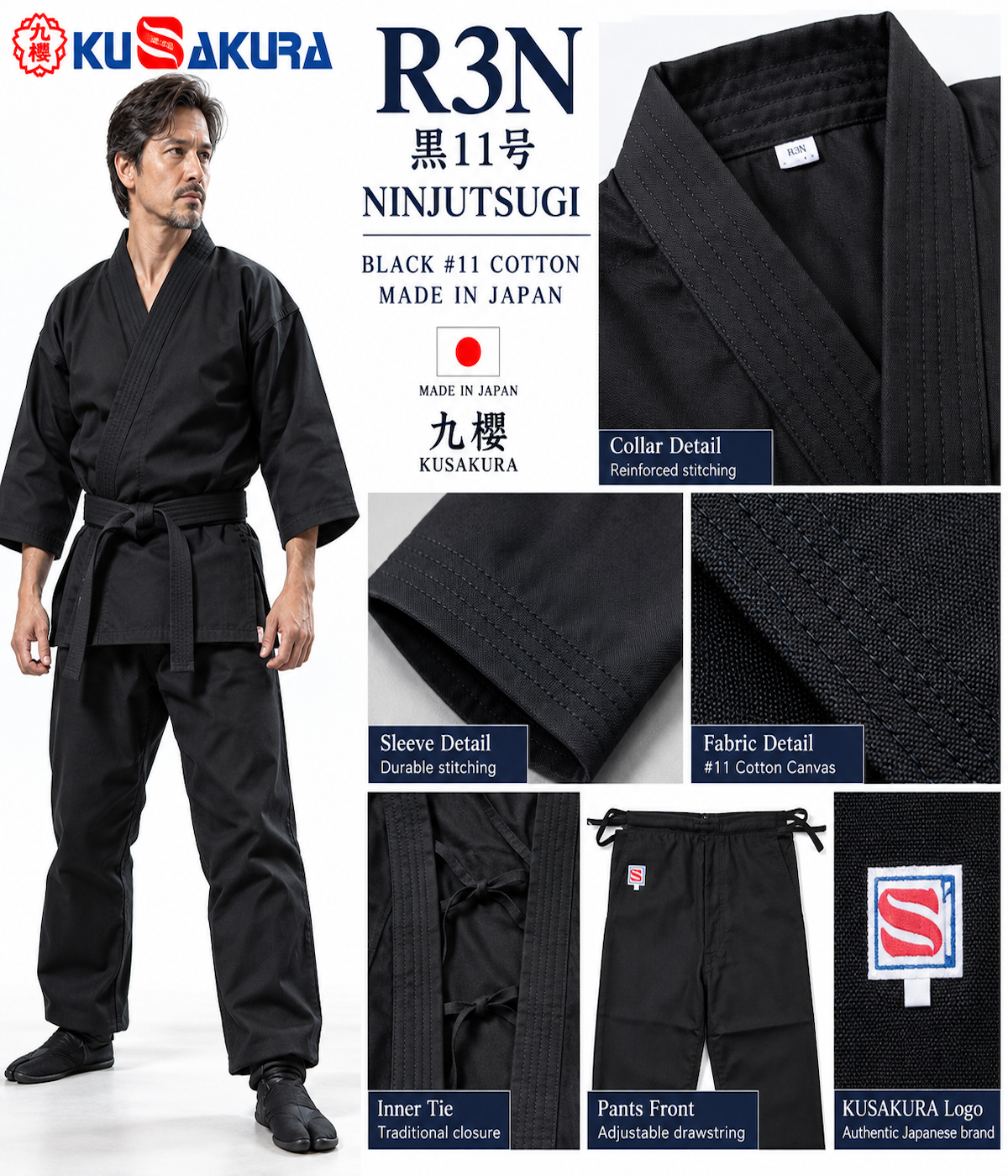 KUSAKURA R3N — Black #11 Medium-Weight Cotton Ninjutsugi | Made in Japan