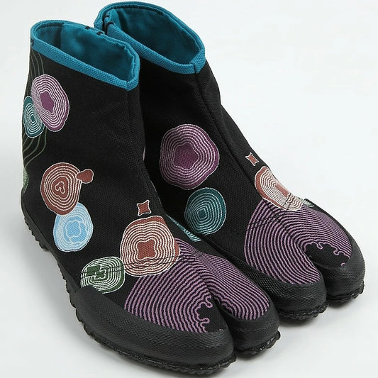 Wamon Jikatabi Shoe "Wave and flower" Kamon Black HandMade in Japan