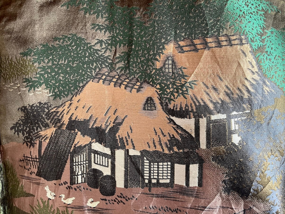 Antique Japanese Haori Black Silk Montsuki with Fuji San and Kayabuki