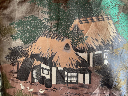 Antique Japanese Haori Black Silk Montsuki with Fuji San and Kayabuki