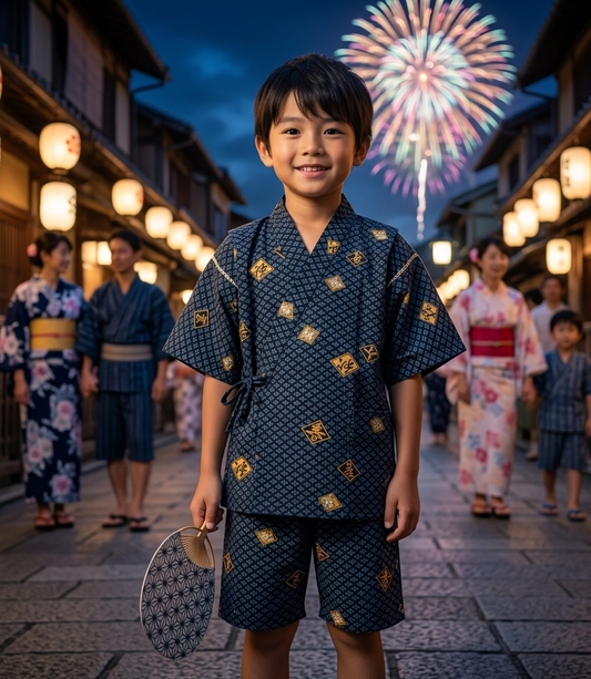 Blue Hishimoji Jinbei for Boys – Diamond Pattern – Made in Japan