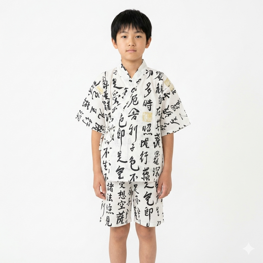 Hannya Shingyo Jinbei for Boys – White – Made in Japan