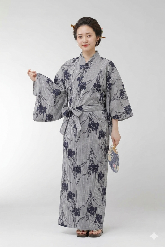 Ladies’ Japanese Yukata Shima Ayame “Iris & Stripe” Made in Kyoto Japan