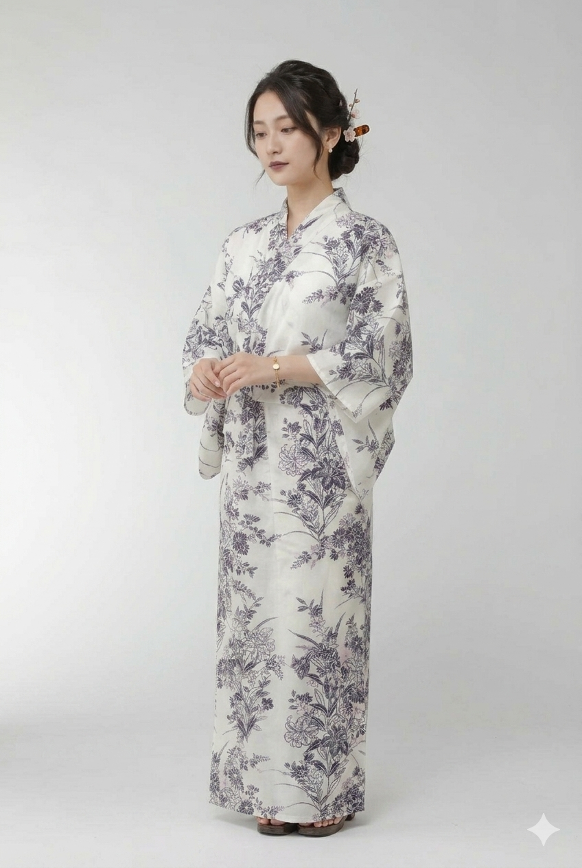Ladies’ Japanese Yukata “Yuri” Lily Pattern Made in Kyoto Japan