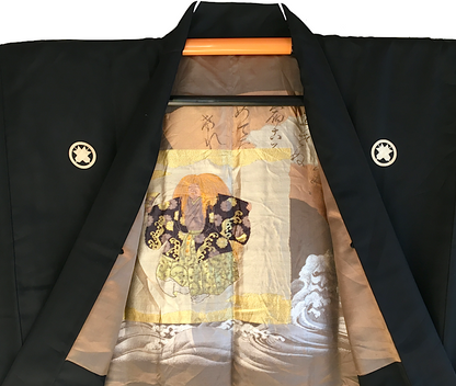 Luxury Antique Kimono Haori - Black Silk Maruni Chigai Ha Montsuki Kabuki Design