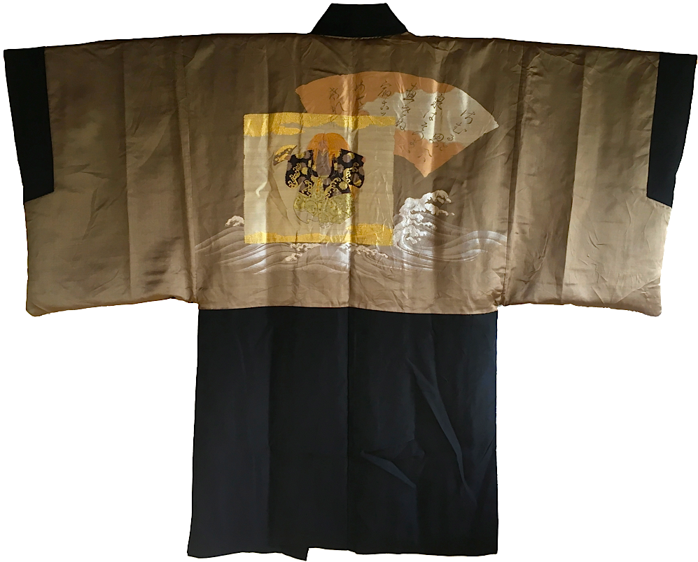 Luxury Antique Kimono Haori - Black Silk Maruni Chigai Ha Montsuki Kabuki Design