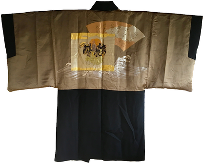 Luxury Antique Kimono Haori - Black Silk Maruni Chigai Ha Montsuki Kabuki Design