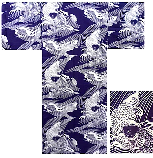 Men's Japanese Yukata Koi Navy Cotton Japanese Carp Made in Kyoto Japan