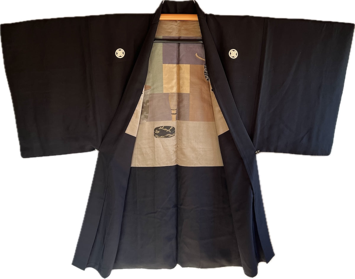 Men’s Antique Haori Black Silk Takanohane Montsuki SADO (Tea Ceremony)