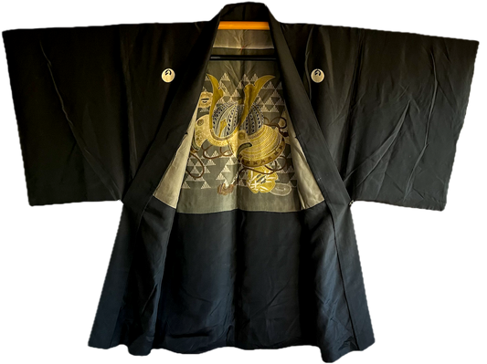 Men’s Antique Japanese Haori – Black Silk Tsuru Montsuki with Golden Samurai Helmet (Kabuto)