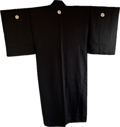 Men's Antique Japanese Kimono Black Silk Kyūmai Sasa Montsuki Takenaka Samurai Clan