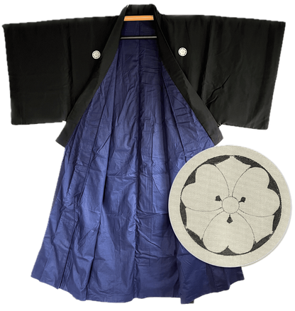 Men's Antique Japanese Kimono Kenkatabami Montsuki Black Silk 002