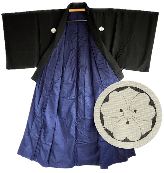 Men's Antique Japanese Kimono Kenkatabami Montsuki Black Silk 002