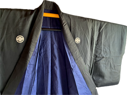 Men's Antique Japanese Samurai Kimono Black Silk Mokkou Montsuki