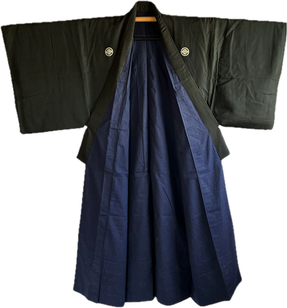 Men's Antique Japanese Samurai Kimono Black Silk Mokkou Montsuki