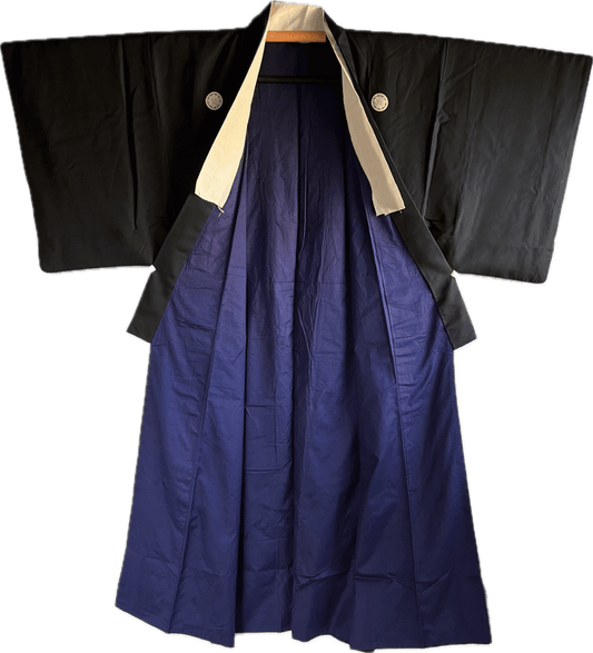 Men's Antique Kimono Set – Kenkatabami Montsuki + Black Silk Obi