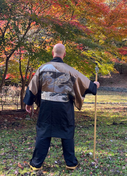 Men’s Haori Black Silk Katabami Montsuki Fuji & Dragon RYU