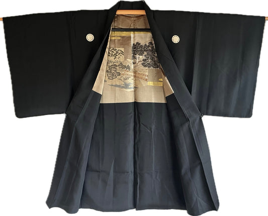 Men's Haori – Black Silk Kenkatabami Montsuki – Shinto Shrine