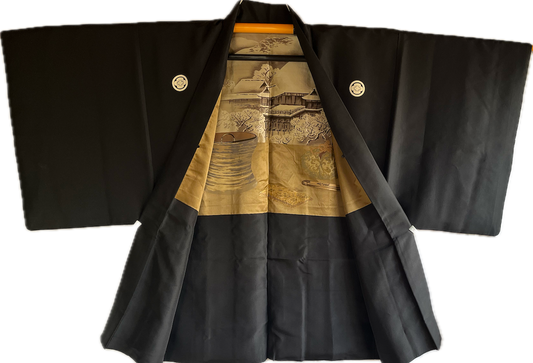 Men’s Haori Black Silk Mokkou Montsuki Kyomizu Dera Kyoto