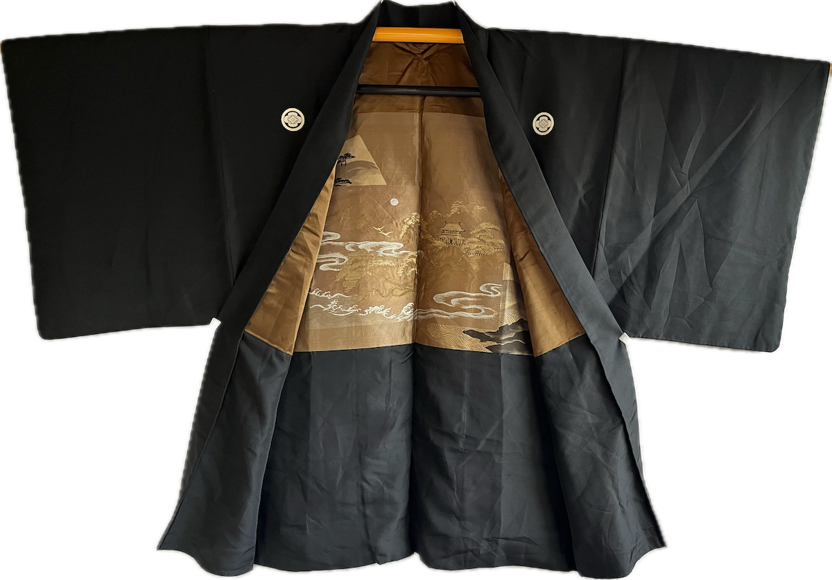 Men's Haori Black Silk Mokkou Montsuki  The SkyCastle "Takeda-Jo " Made in Japan