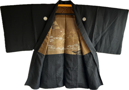 Men's Haori Black Silk Mokkou Montsuki  The SkyCastle "Takeda-Jo " Made in Japan