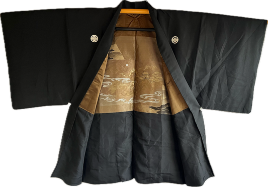 Men's Haori Black Silk Mokkou Montsuki  The SkyCastle "Takeda-Jo " Made in Japan