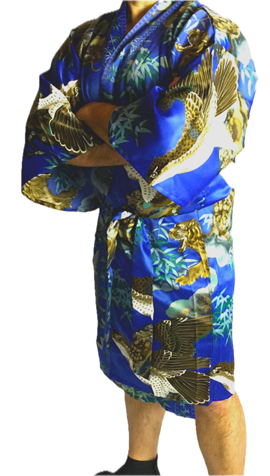 Men’s Happi Tora Washi – Navy Blue Polyester Short Kimono Tiger Eagle Design