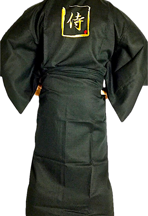 Men's Japanese Kimono "SAMURAI" – Black Cotton Shantung with Embroidered Kanji