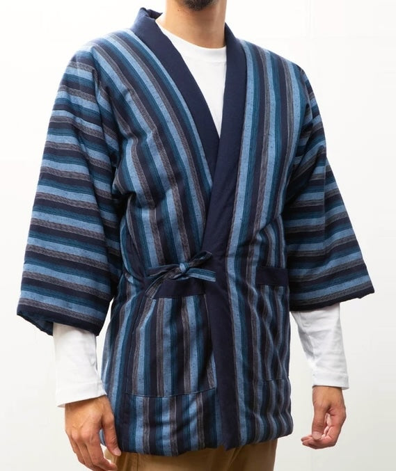 Men’s Japanese Padded Hanten – “Katsuo-jima” Navy Stripes | Limited Edition | Made in Japan