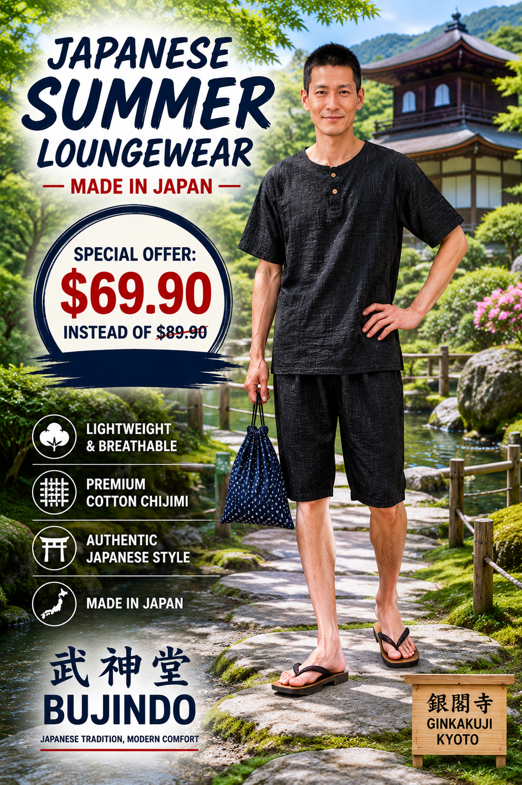 Men's Japanese Summer Loungewear Set – Bunji Black Cotton  – Made in Japan